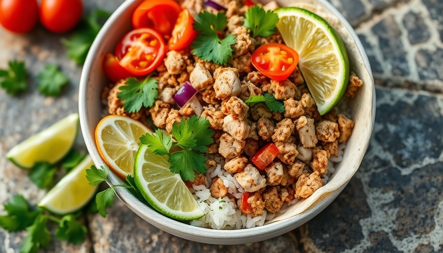 Vibrant turkey burrito bowl with lime and cilantro.