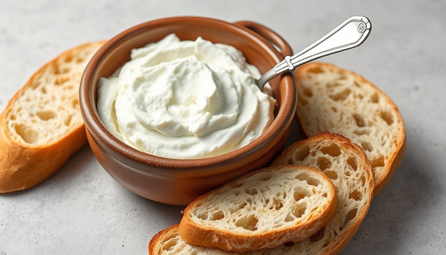 Homemade ricotta cheese in a bowl with bread slices.
