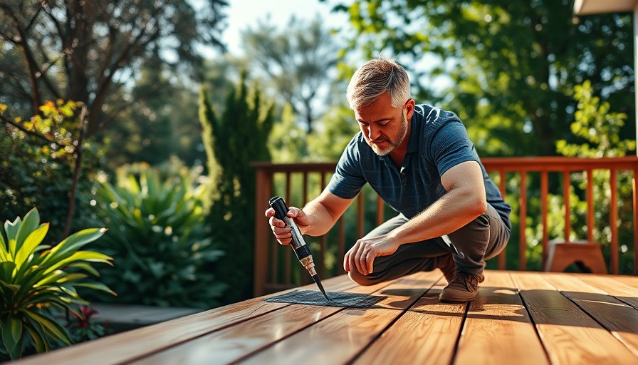 Man applying waterproof sealant to deck outdoors in garden.