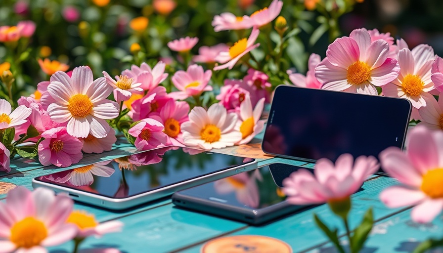 Smart gadgets for spring on vibrant table with flowers