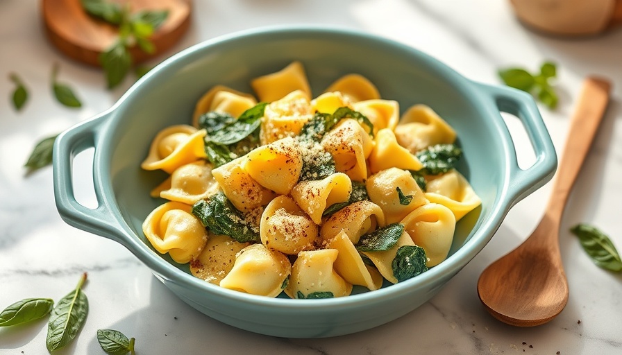 Spinach tortellini easy recipe for tired cooks, in a blue dish.