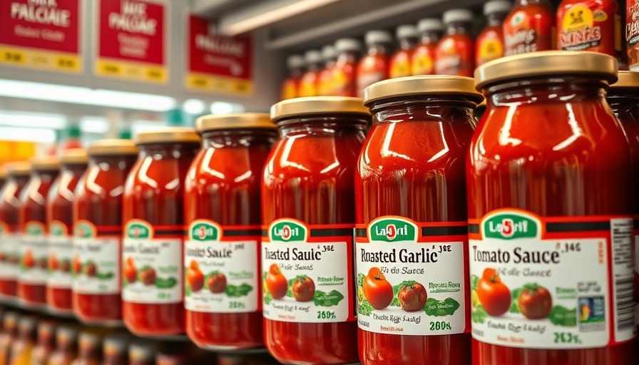 Colorful new tomato sauces on supermarket shelf