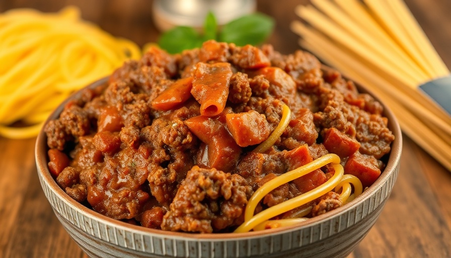 Ground beef pasta sauce recipe in pot with spaghetti and herbs.