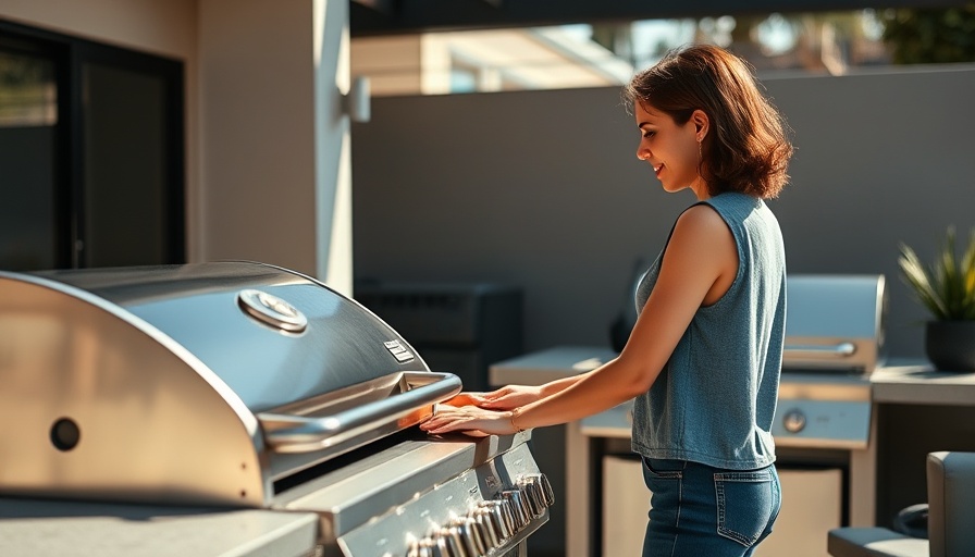 Woman checking gas grill in outdoor kitchen, how to clean a gas grill.