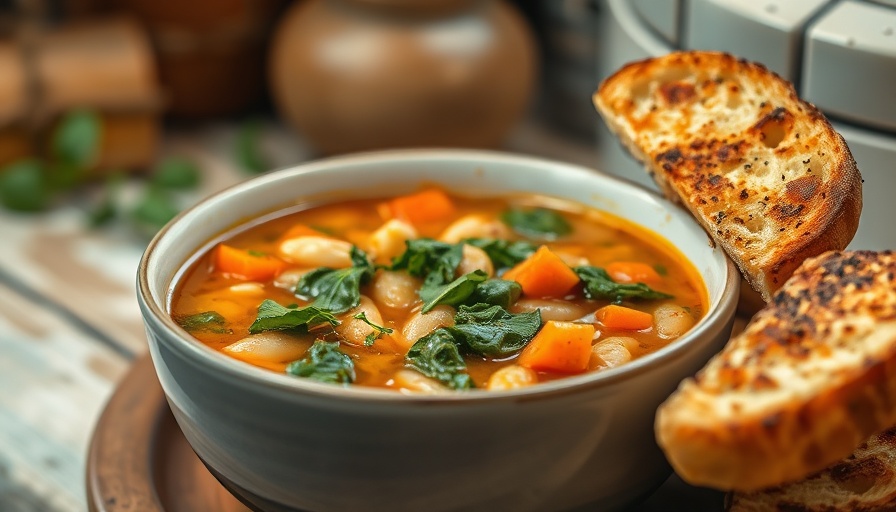 Tuscan bean soup with carrots and cheesy bread in a bowl
