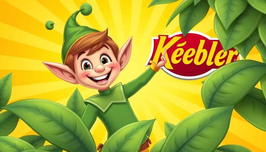Cartoon elf with Keebler logo, bright sunburst.