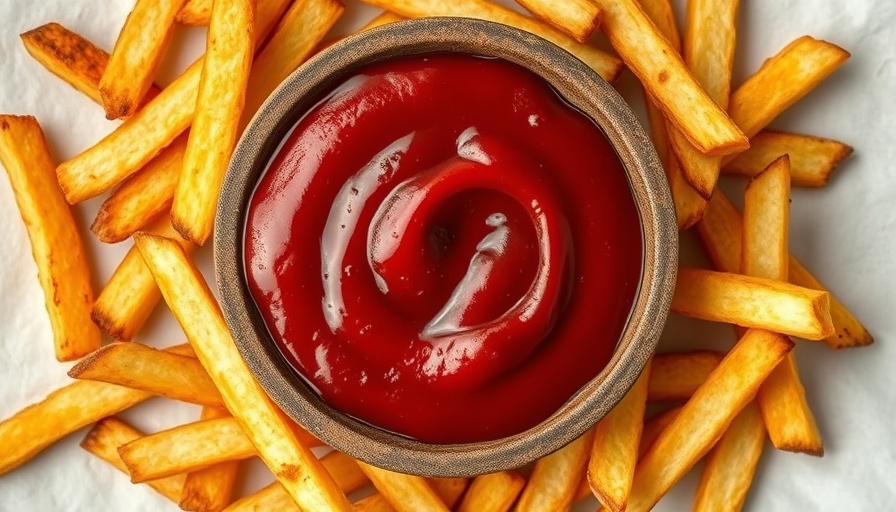 Golden fries with ketchup bowl close-up.
