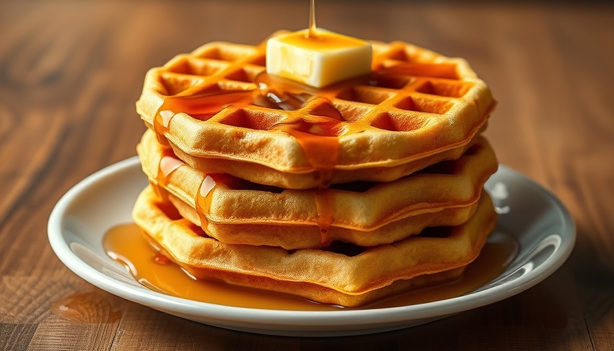 Golden brown fluffy waffles with syrup and butter on plate.