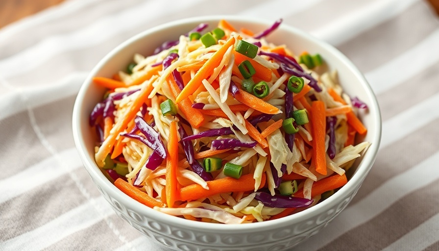 Colorful fresh coleslaw in bowl on striped cloth