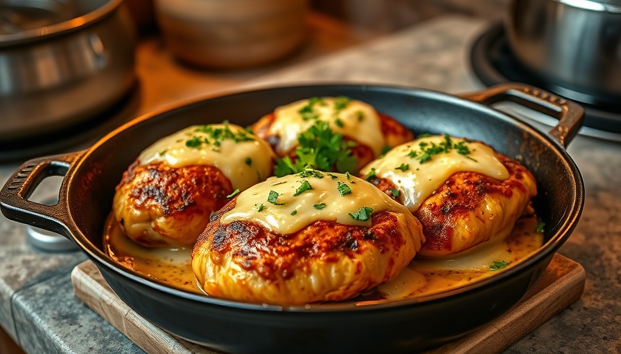 Baked chicken with cheese and cilantro in rustic skillet.