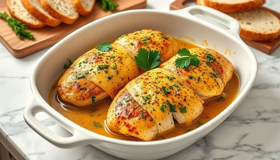 Family-favorite chicken breast recipe with garlic herb garnish in casserole dish.