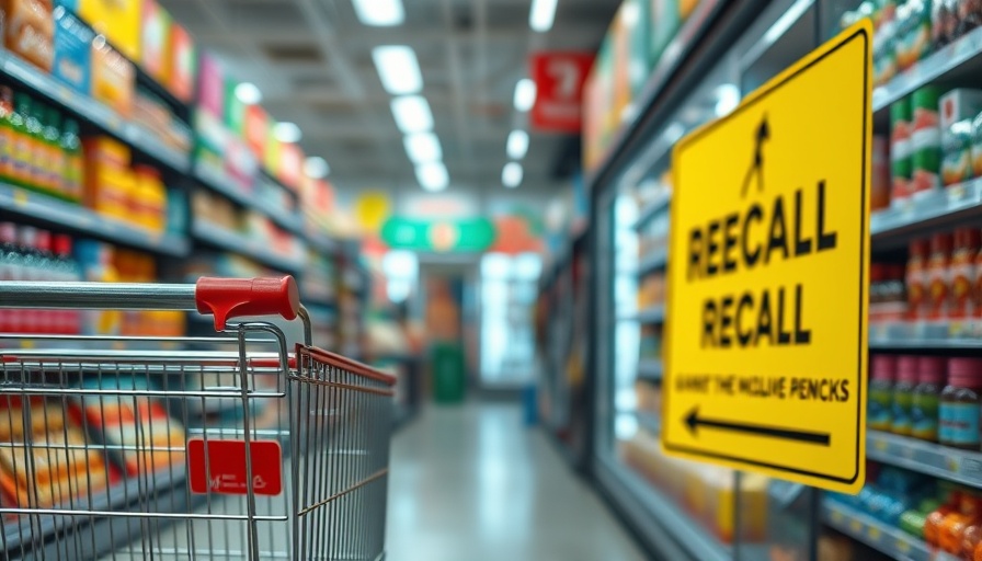 Shopping cart in a supermarket with a recall sign.