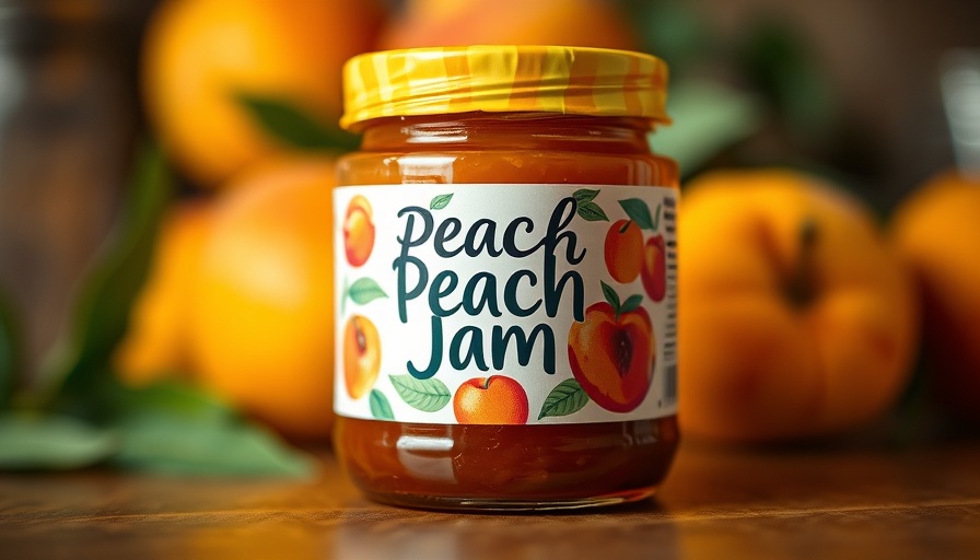 Close-up of peach jam jar label showing colorful fruits.
