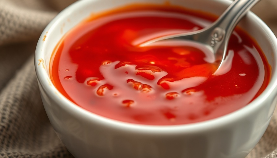 Close-up of spicy sweet and sour sauce in a bowl with spoon.