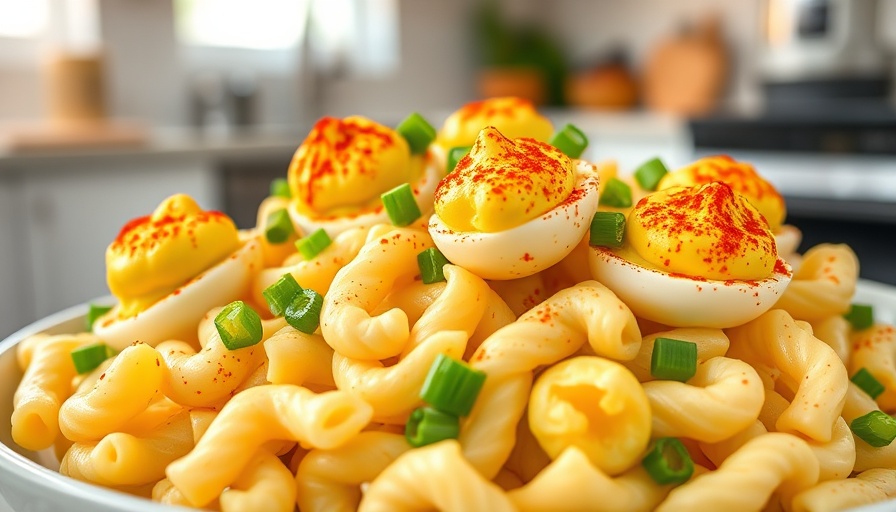 Delicious deviled egg pasta salad in a bowl