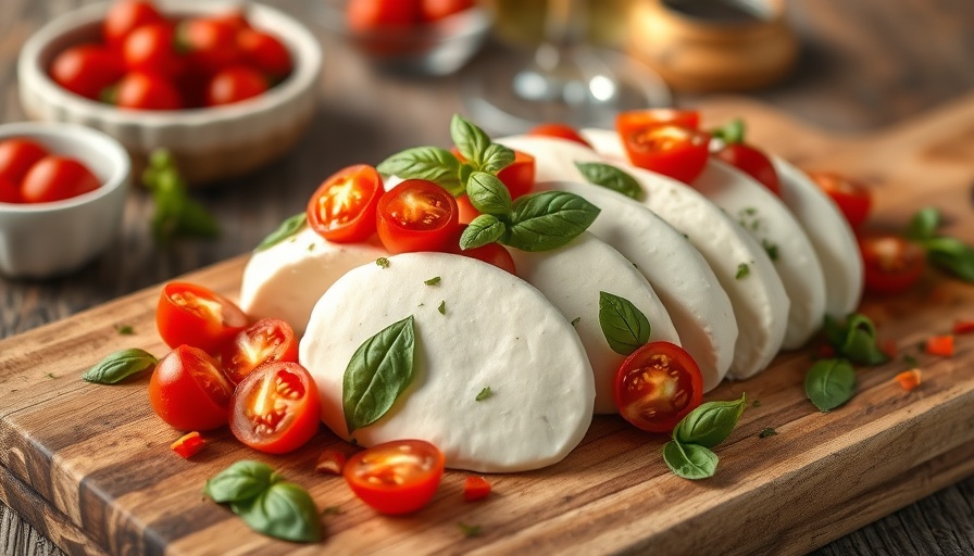 Best fresh mozzarella with tomatoes on wooden board.