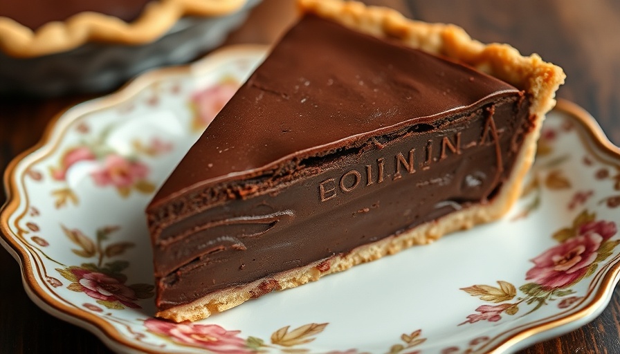 Rich chocolate pie slice on floral plate for easy recipes.