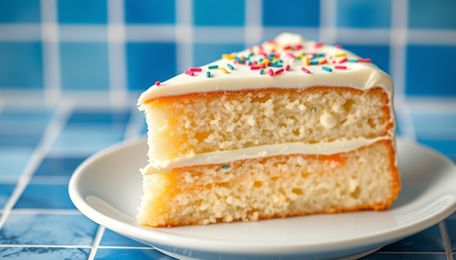 Easy vanilla cake recipe slice with frosting and sprinkles.