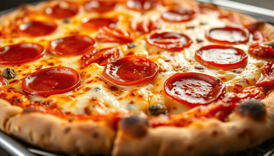 Crisp pepperoni pizza showing melted cheese on a tray.