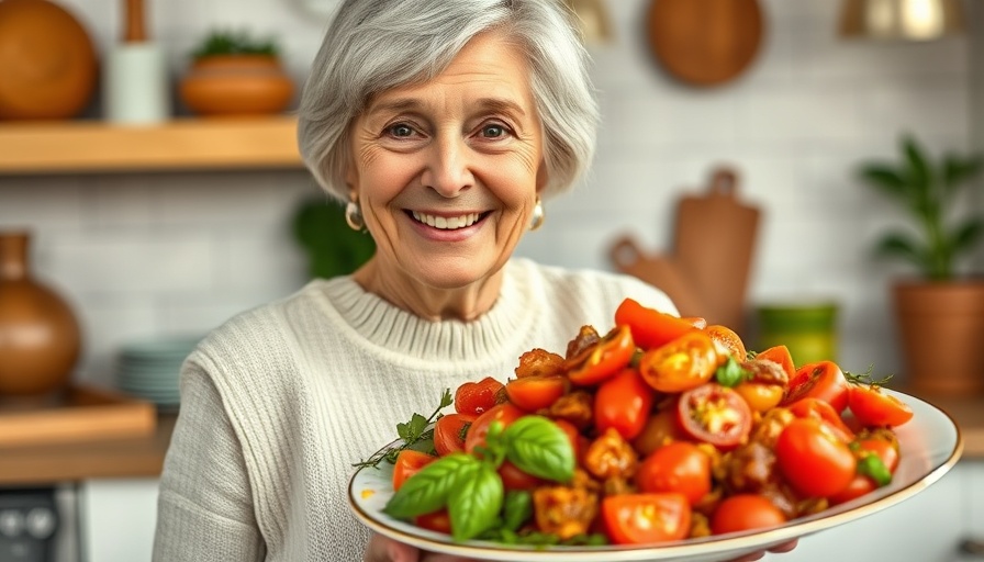 Easy recipes: Smiling woman with tomato dish in kitchen.