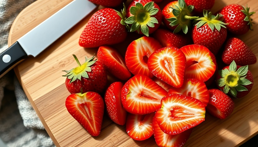 Freshly sliced strawberries on cutting board, vibrant and juicy.