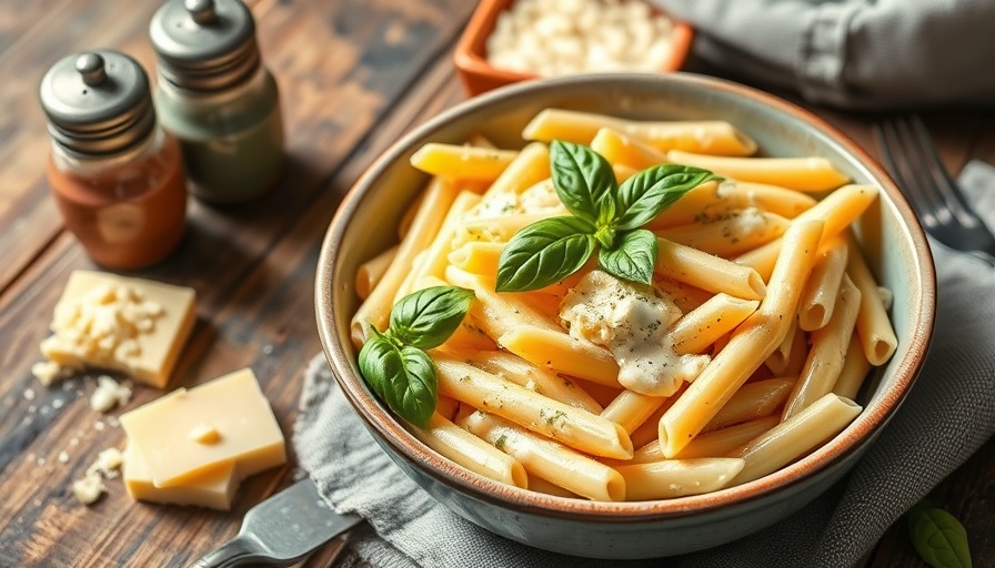 Creamy Boursin cheese pasta with basil in a ceramic bowl