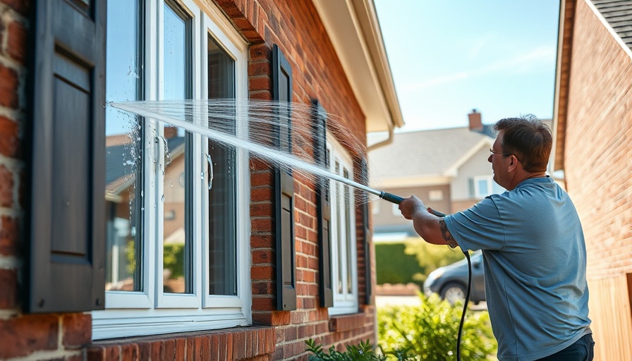 Cleaning windows with hose on a sunny day at brick house, how to clean windows