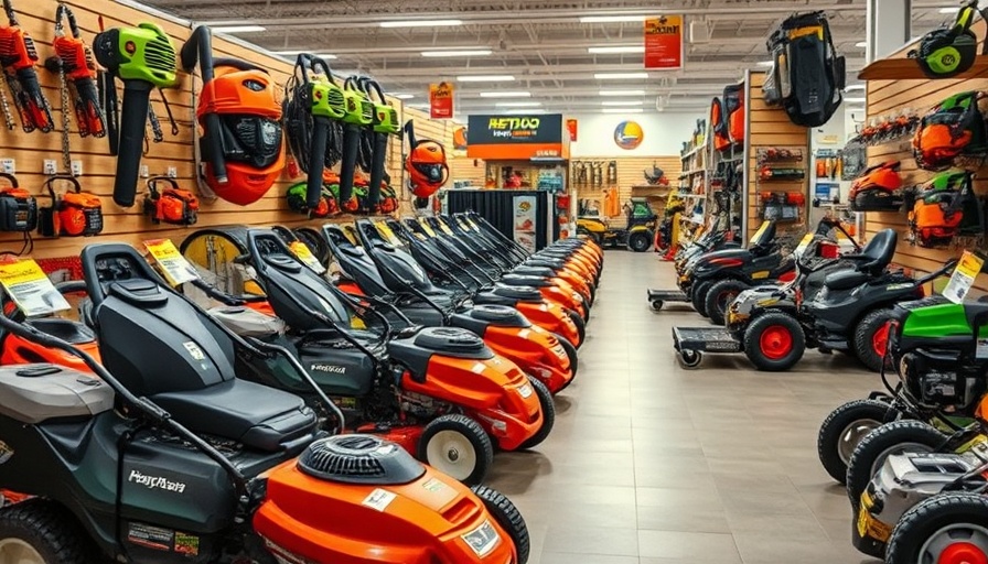 Store display with outdoor power equipment under bright lighting.