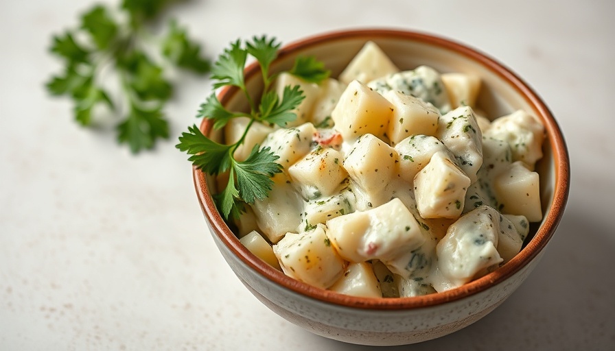 Best potato salad recipe in a bowl with fresh herbs.