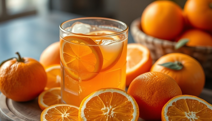 Close-up of Aperol Spritz with orange slices and vibrant background.