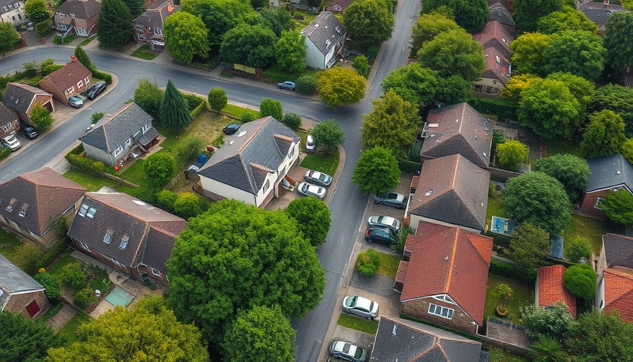 Aerial view of suburban houses and street with lush greenery.