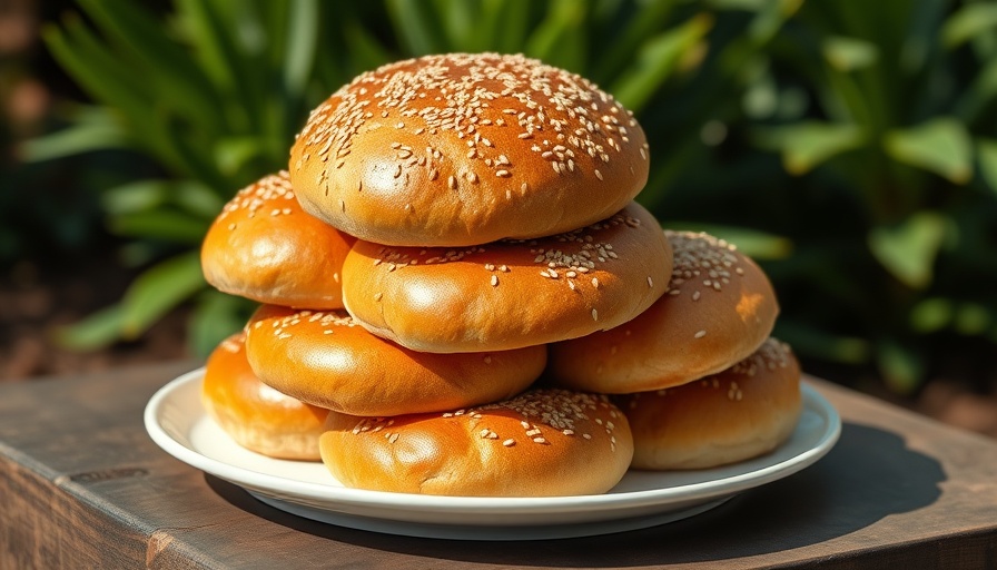 Neatly stacked sesame hamburger buns on a plate outdoors, best hamburger bun brand.
