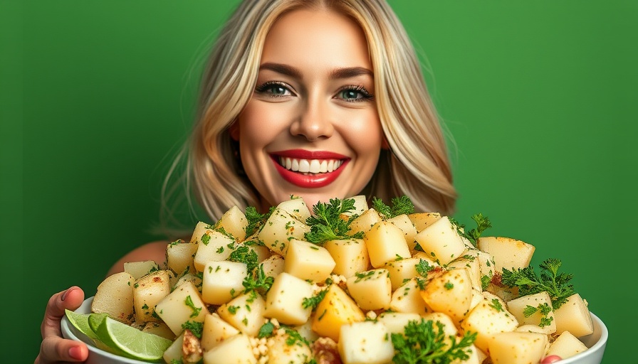 Colorful potato salad beside smiling woman, green pop art backdrop.