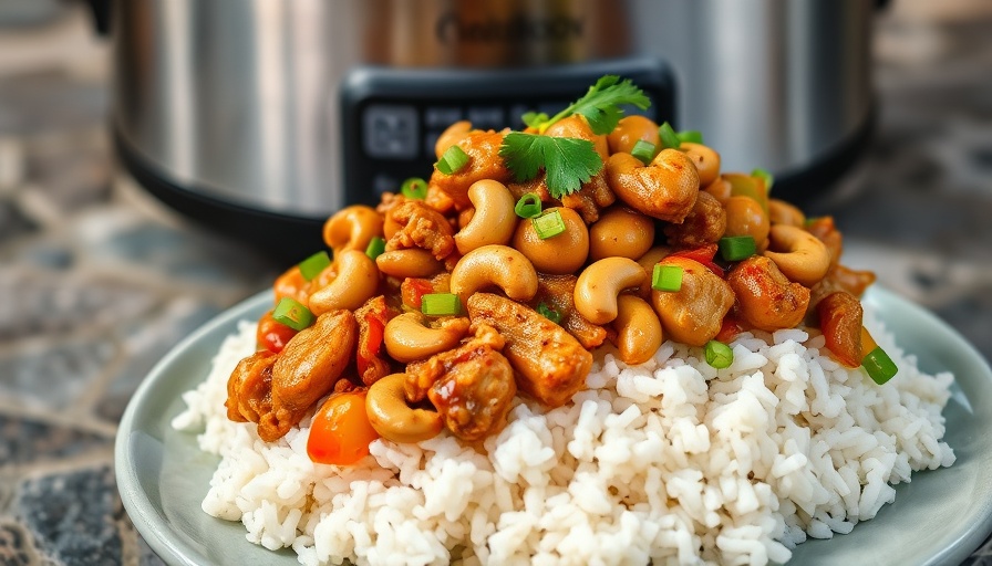 Savory crockpot cashew chicken over rice with vibrant garnishes.