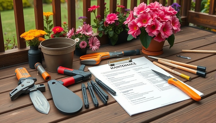 Spring home maintenance tasks setup on a wooden deck.