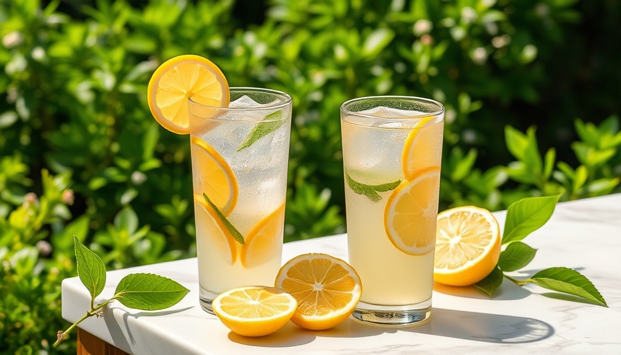 Refreshing glasses of lemonade with lemon slices outdoors, No-Cost Lemonade Upgrade.
