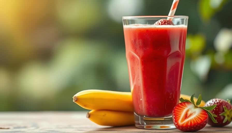 Vibrant strawberry banana smoothie in a glass with fresh fruit.