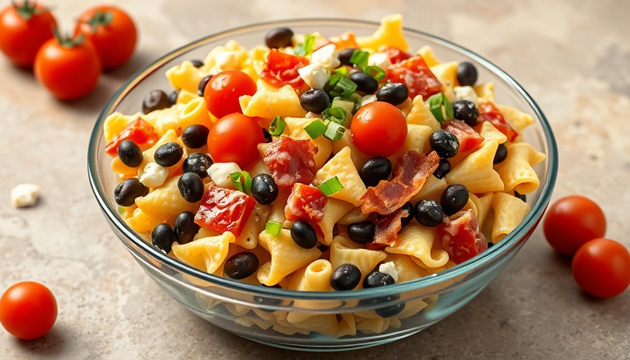 Colorful cowboy pasta salad with pasta, tomatoes, beans, cheese.