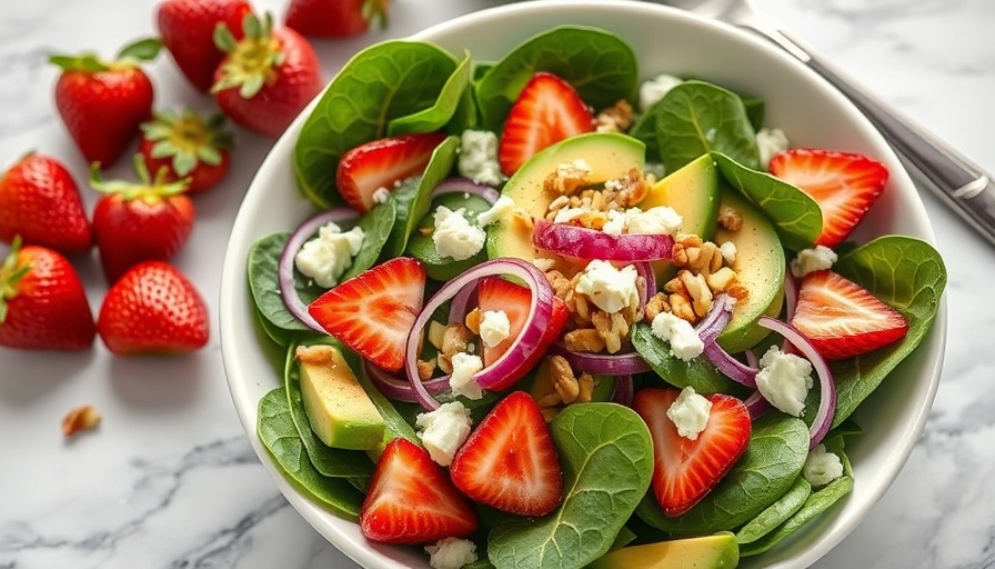 Colorful strawberry spinach salad recipe with avocado and cheese