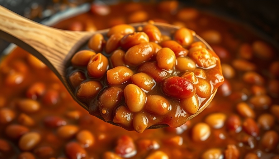 Baked beans in a skillet with wooden spoon.
