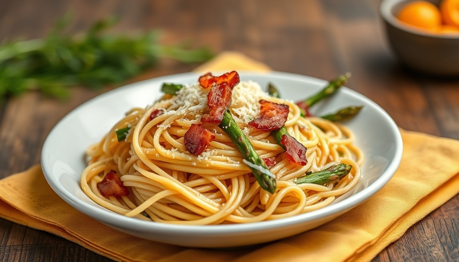 Delicious spaghetti with asparagus and bacon; quick 20-minute dinner recipe.