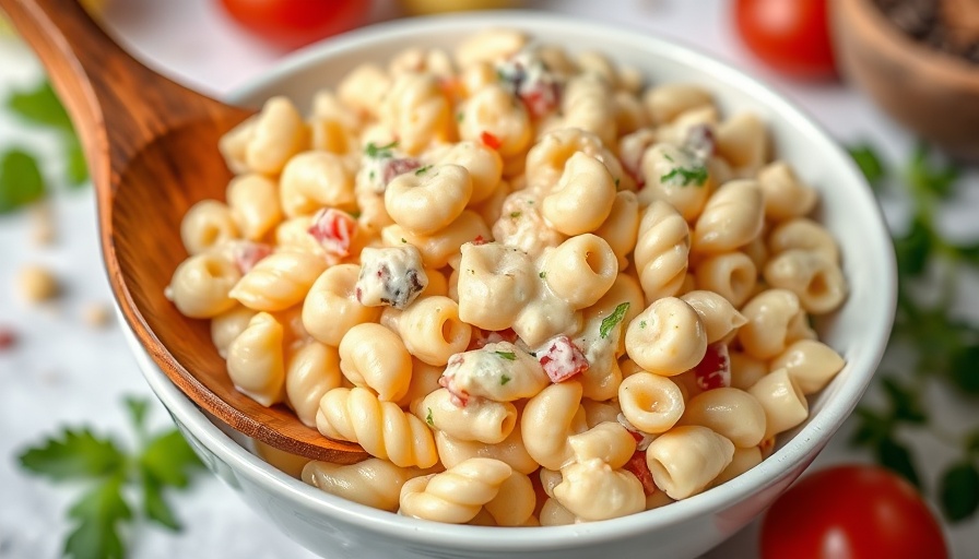 Classic macaroni salad in a bowl with wooden spoon.
