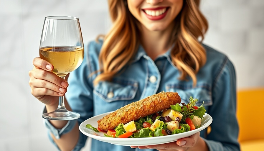 Smiling woman with wine, breaded cutlet and salad, natural light.