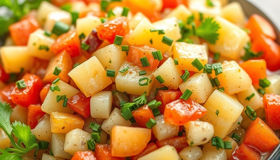Close-up of vibrant potato salad featuring Martha Stewart's trick