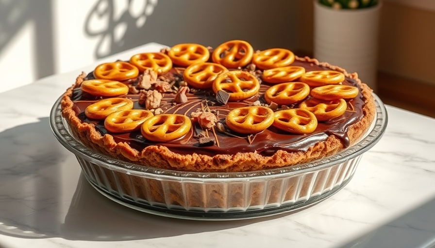 Fun recipes dessert pie topped with pretzels in warm sunlight.