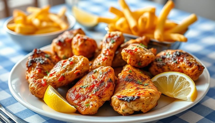 Easy Greek chicken with crispy fries on a blue plate, vibrant meal.
