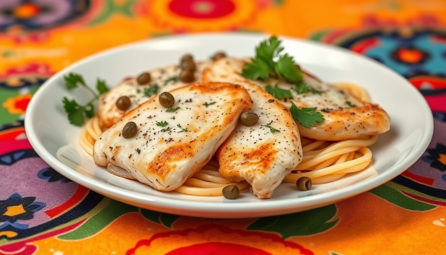 Appetizing chicken piccata with capers and parsley on colorful background