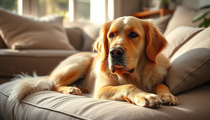 Aging Golden Retriever relaxing indoors, representing osteoarthritis pain relief.