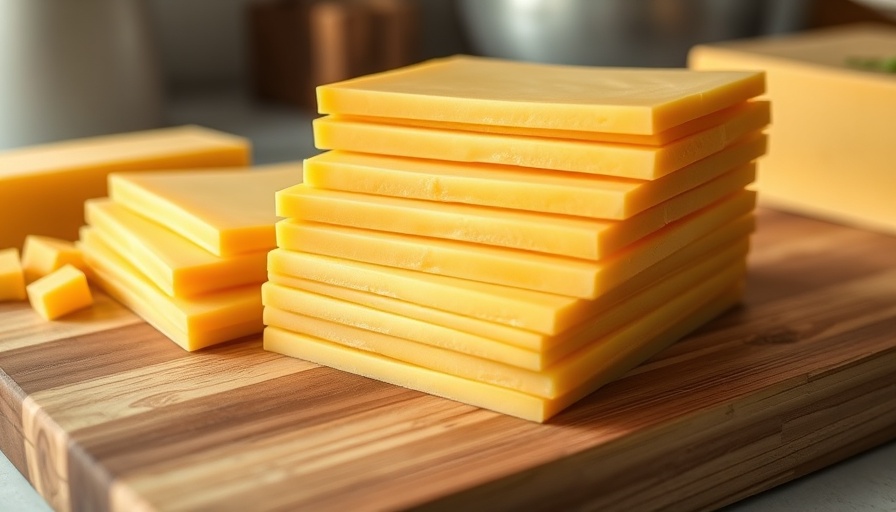 Slices of the best American cheese for burgers on wood board.