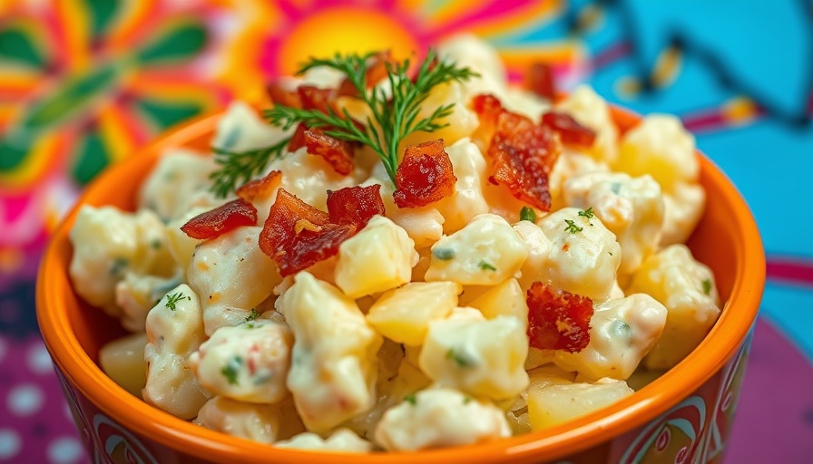 Ina Garten potato salad recipe with creamy texture and bacon garnishing.